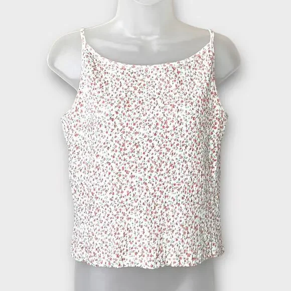 Y2K ENERGIE White & Pink Ditsy Floral Print Smocked Tank Top Junior Size Large - Picture 2 of 5
